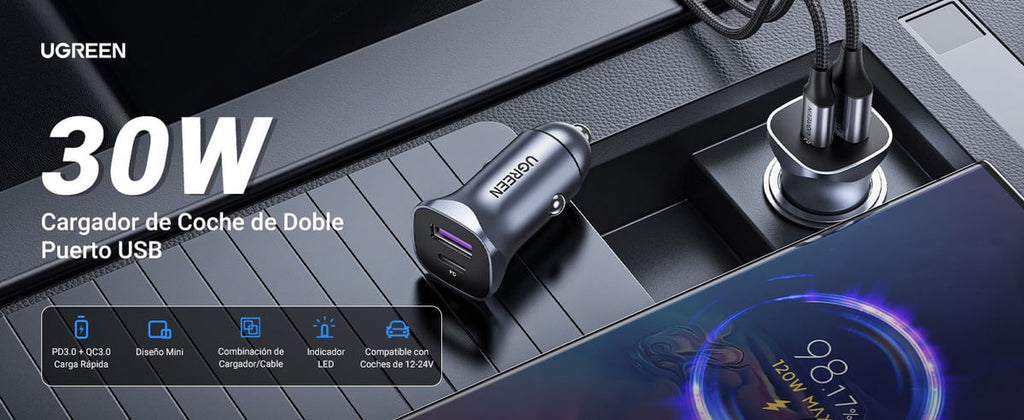 Ugreen Cargador Para Auto USB-A + USB-C Gris 30W
